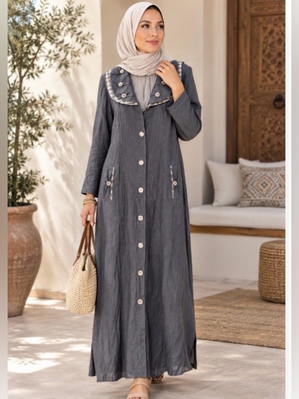 Womens Abaya Kaftan Gray Long Button-Up Coat EID Ramadan